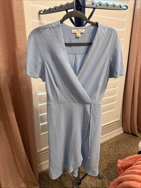 Soft Light Blue Wrap Mini Dress with Tie Waist